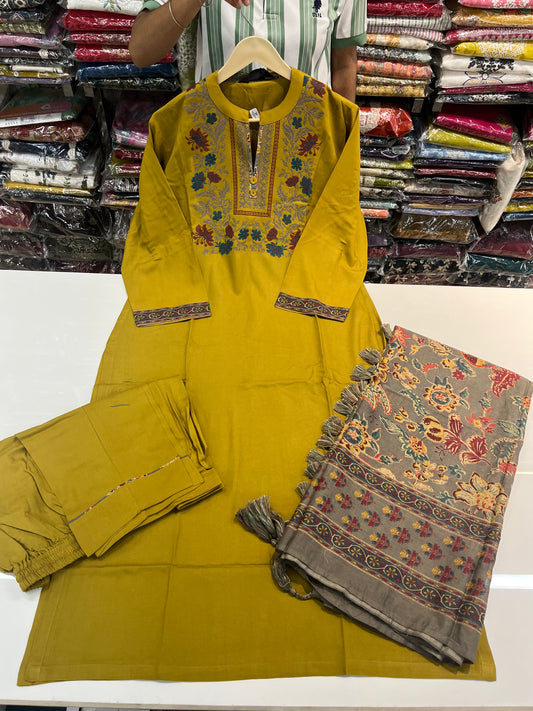 LUXURY Premium kurta set, Rayon cotton fabric with beautiful cross-stitch embroidery on neckline (along with digital cotton dupatta with TASSELS))