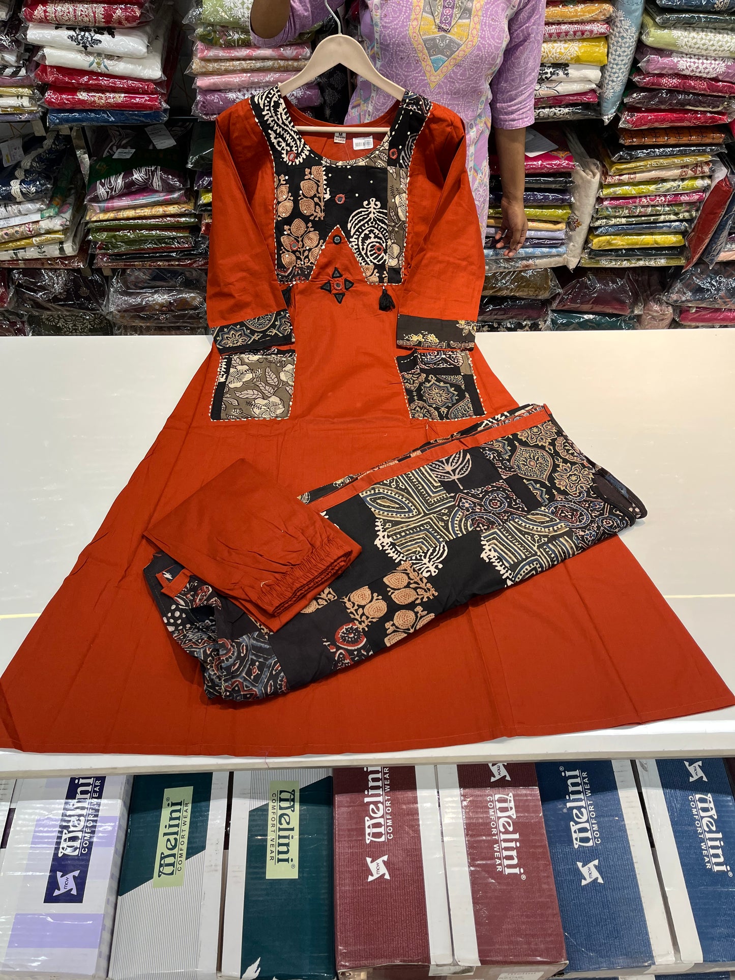 Readymade premium DAABU cotton A-line suit set 'SIDE POCKETS STYLE' with patchwork embroidery(along with print cotton dupatta)