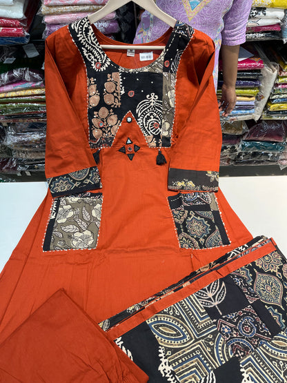 Readymade premium DAABU cotton A-line suit set 'SIDE POCKETS STYLE' with patchwork embroidery(along with print cotton dupatta)