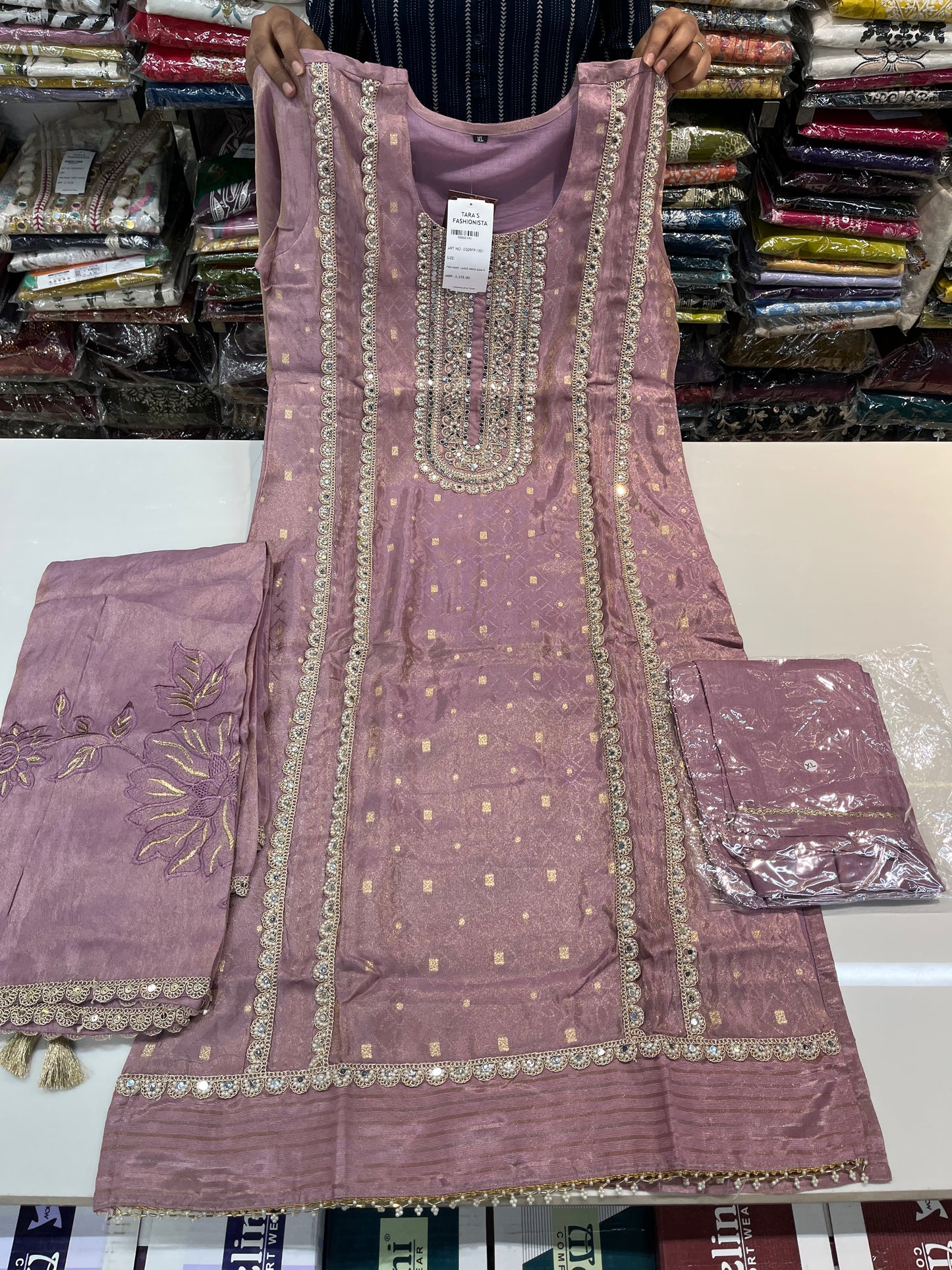 purple Jacquard shimmer partywear kurta set, with premium PAKISTANI lace work and MIRRORS work (along with shimmer thread embroidered dupaptta)