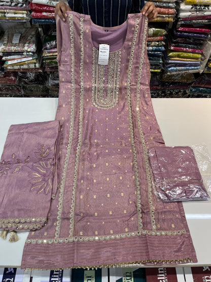 purple Jacquard shimmer partywear kurta set, with premium PAKISTANI lace work and MIRRORS work (along with shimmer thread embroidered dupaptta)