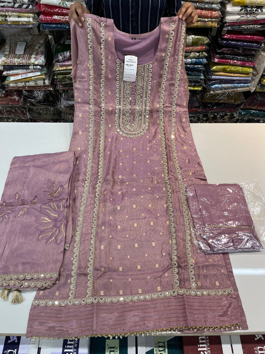 purple Jacquard shimmer partywear kurta set, with premium PAKISTANI lace work and MIRRORS work (along with shimmer thread embroidered dupaptta)