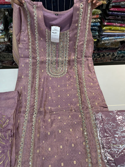 purple Jacquard shimmer partywear kurta set, with premium PAKISTANI lace work and MIRRORS work (along with shimmer thread embroidered dupaptta)