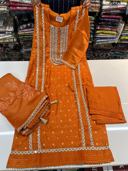 Jacquard shimmer partywear kurta set, with premium PAKISTANI lace work and MIRRORS work (along with shimmer thread embroidered dupaptta)