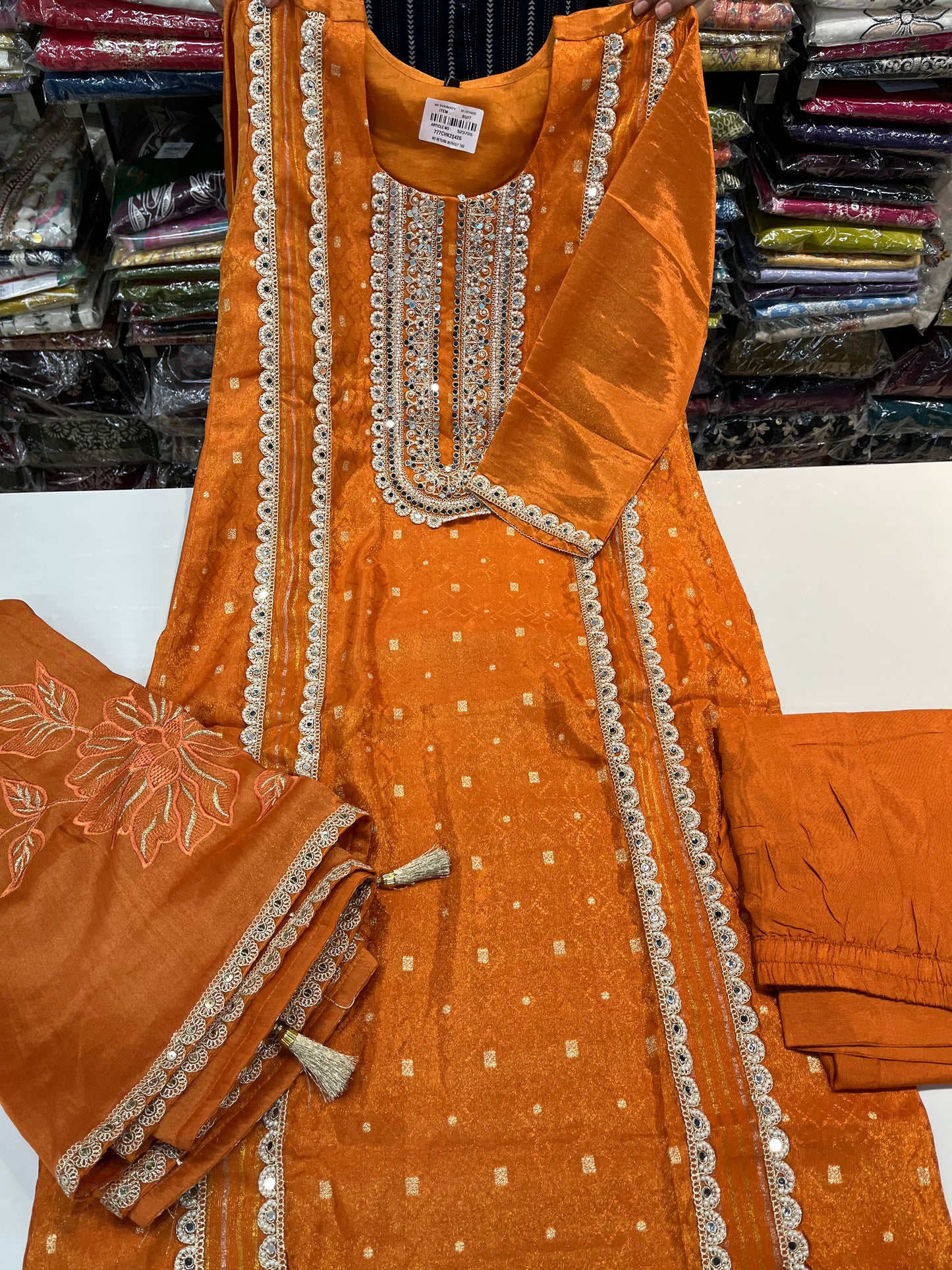 Jacquard shimmer partywear kurta set, with premium PAKISTANI lace work and MIRRORS work (along with shimmer thread embroidered dupaptta)