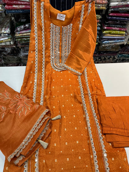 Jacquard shimmer partywear kurta set, with premium PAKISTANI lace work and MIRRORS work (along with shimmer thread embroidered dupaptta)