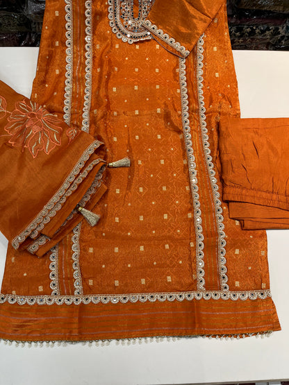 Jacquard shimmer partywear kurta set, with premium PAKISTANI lace work and MIRRORS work (along with shimmer thread embroidered dupaptta)