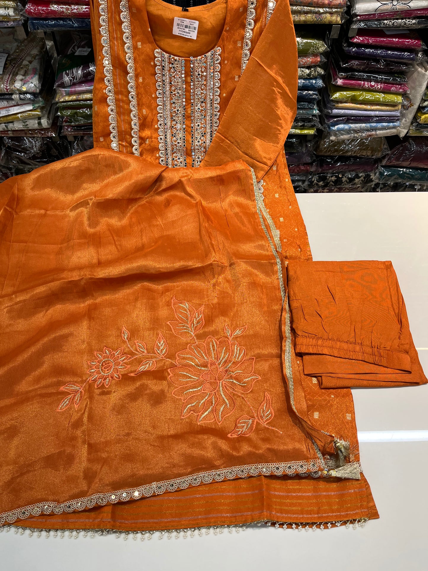 Jacquard shimmer partywear kurta set, with premium PAKISTANI lace work and MIRRORS work (along with shimmer thread embroidered dupaptta)
