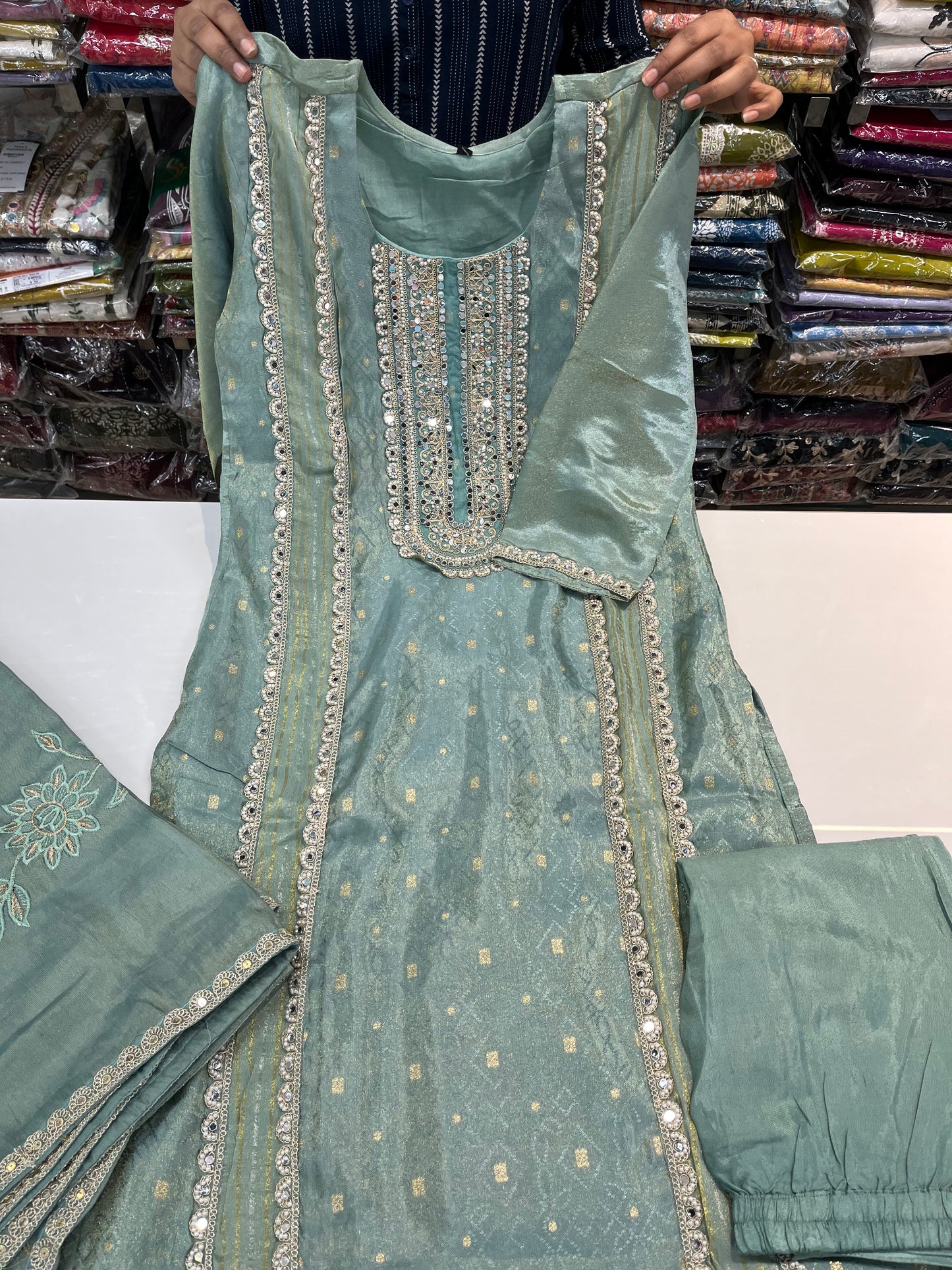 GreenJacquard shimmer partywear kurta set, with premium PAKISTANI lace work and MIRRORS work (along with shimmer thread embroidered dupaptta)