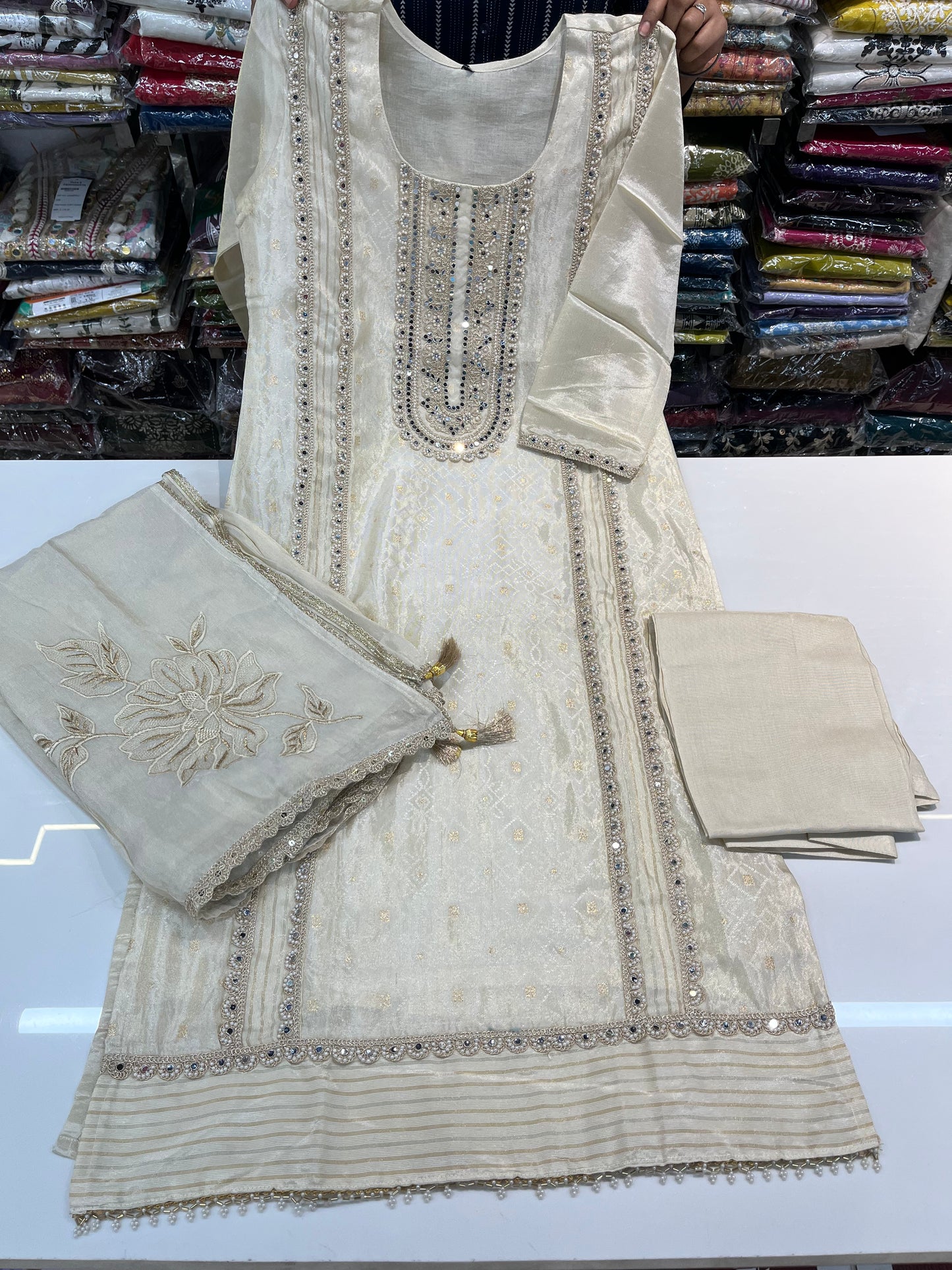 Cream Jacquard shimmer partywear kurta set, with premium PAKISTANI lace work and MIRRORS work (along with shimmer thread embroidered dupaptta)