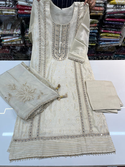 Cream Jacquard shimmer partywear kurta set, with premium PAKISTANI lace work and MIRRORS work (along with shimmer thread embroidered dupaptta)