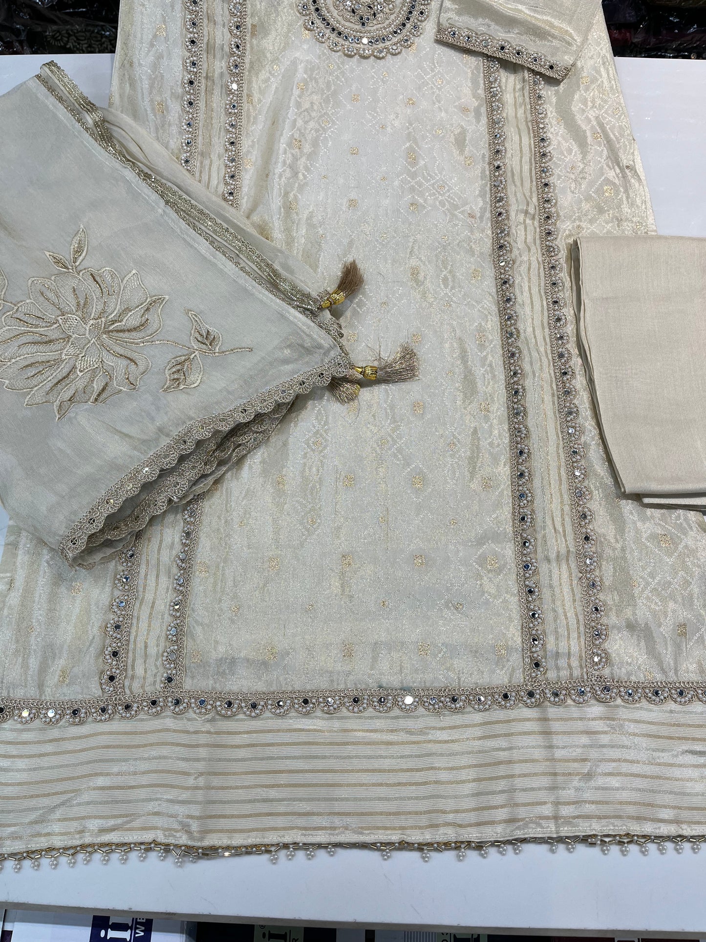Cream Jacquard shimmer partywear kurta set, with premium PAKISTANI lace work and MIRRORS work (along with shimmer thread embroidered dupaptta)