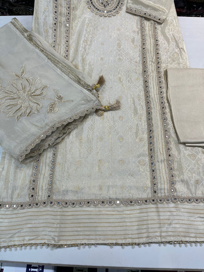 Cream Jacquard shimmer partywear kurta set, with premium PAKISTANI lace work and MIRRORS work (along with shimmer thread embroidered dupaptta)
