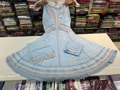 'ENGLISH BLUE' Premium mull cotton anarkali suit set with beautiful threadwork embroidery all over front (along with pants and mulmull cutwork dupatta)