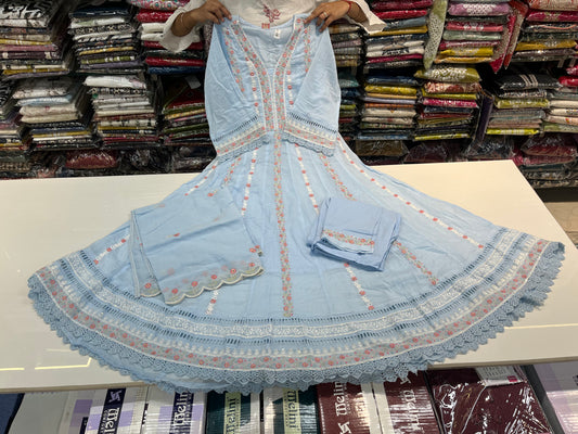 'ENGLISH BLUE' Premium mull cotton anarkali suit set with beautiful threadwork embroidery all over front (along with pants and mulmull cutwork dupatta)