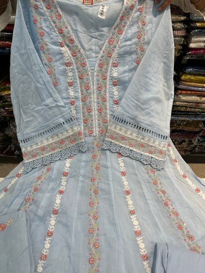'ENGLISH BLUE' Premium mull cotton anarkali suit set with beautiful threadwork embroidery all over front (along with pants and mulmull cutwork dupatta)