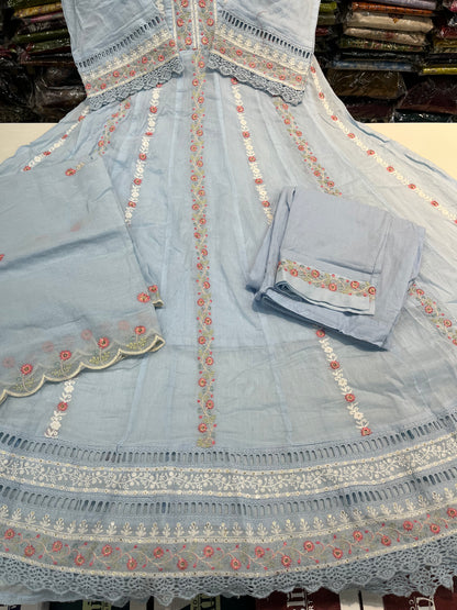 'ENGLISH BLUE' Premium mull cotton anarkali suit set with beautiful threadwork embroidery all over front (along with pants and mulmull cutwork dupatta)