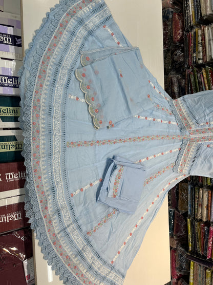'ENGLISH BLUE' Premium mull cotton anarkali suit set with beautiful threadwork embroidery all over front (along with pants and mulmull cutwork dupatta)