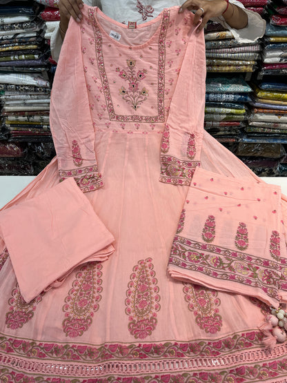 'ROYAL PEACHES' Premium mull cotton anarkali suit set with beautiful hand embroidery detailings on neckline and a premium cotton crotia lace work on all over its flare (along with pants and a block print mulmull dupatta with fourside latkans)