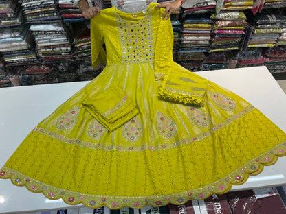 'Green Yellow' Premium cotton schiffli anarkali suit set with beautiful DORI CODING threadwork embroidery on all over its ghera  (along with pants and cotton kota fourside embroidery duppatta with crotia laces)
