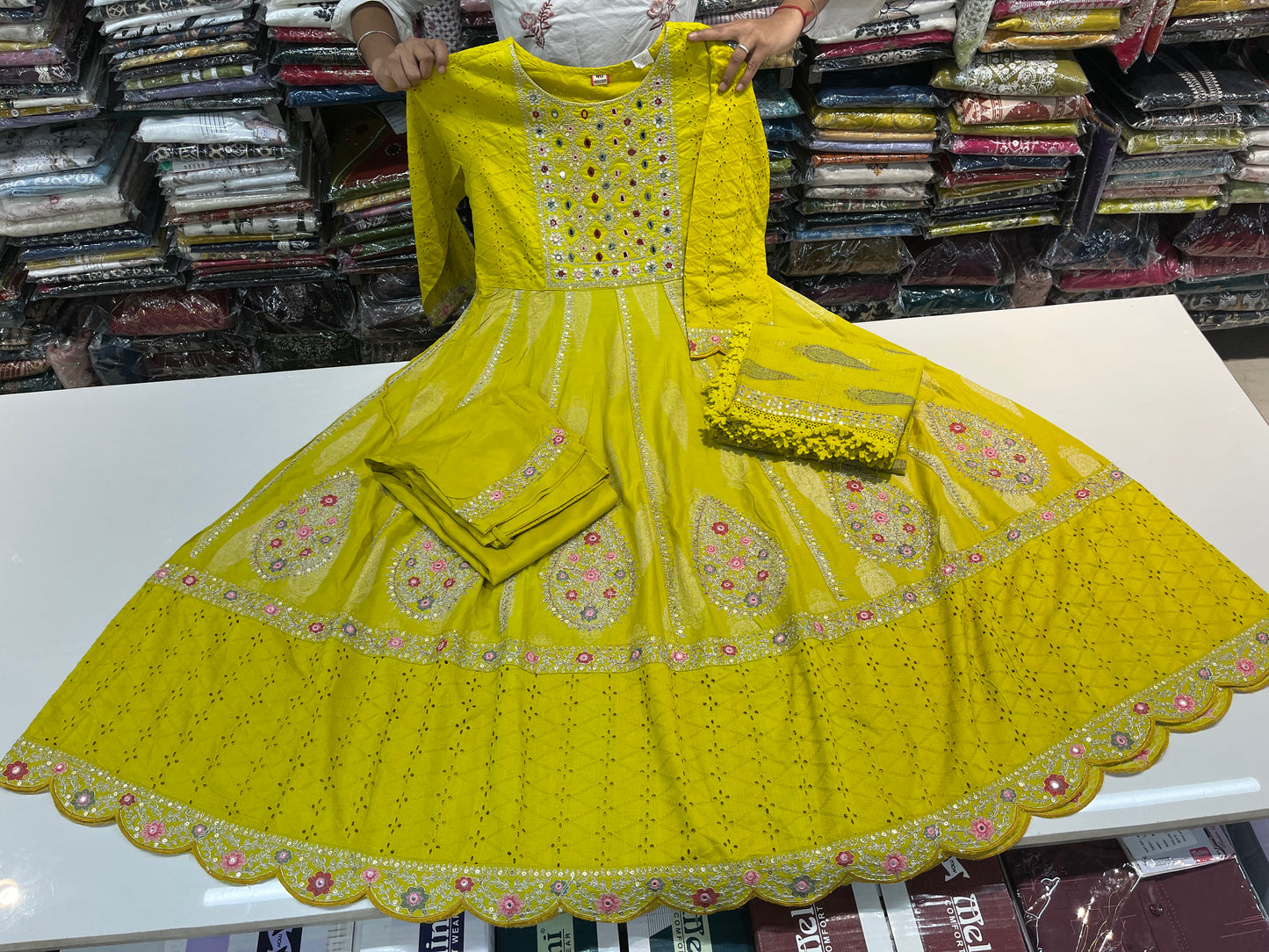 'Green Yellow' Premium cotton schiffli anarkali suit set with beautiful DORI CODING threadwork embroidery on all over its ghera  (along with pants and cotton kota fourside embroidery duppatta with crotia laces)