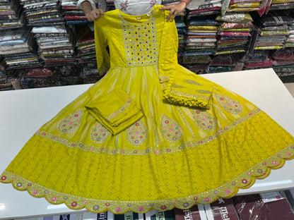 'Green Yellow' Premium cotton schiffli anarkali suit set with beautiful DORI CODING threadwork embroidery on all over its ghera  (along with pants and cotton kota fourside embroidery duppatta with crotia laces)