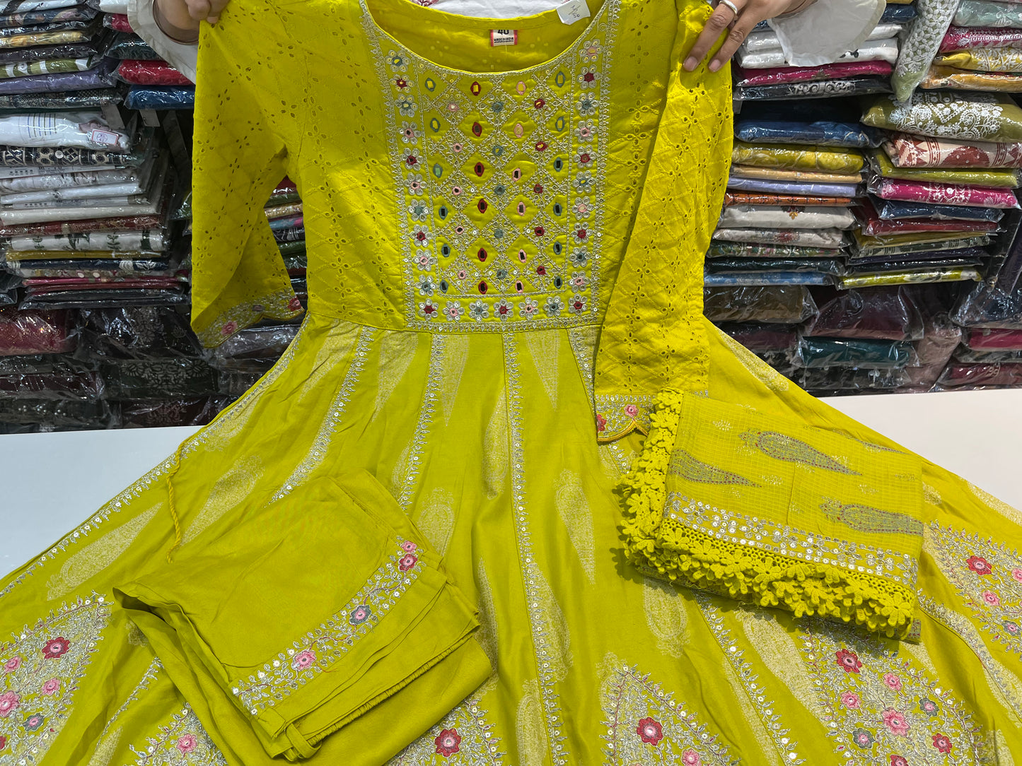 'Green Yellow' Premium cotton schiffli anarkali suit set with beautiful DORI CODING threadwork embroidery on all over its ghera  (along with pants and cotton kota fourside embroidery duppatta with crotia laces)