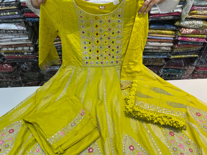 'Green Yellow' Premium cotton schiffli anarkali suit set with beautiful DORI CODING threadwork embroidery on all over its ghera  (along with pants and cotton kota fourside embroidery duppatta with crotia laces)
