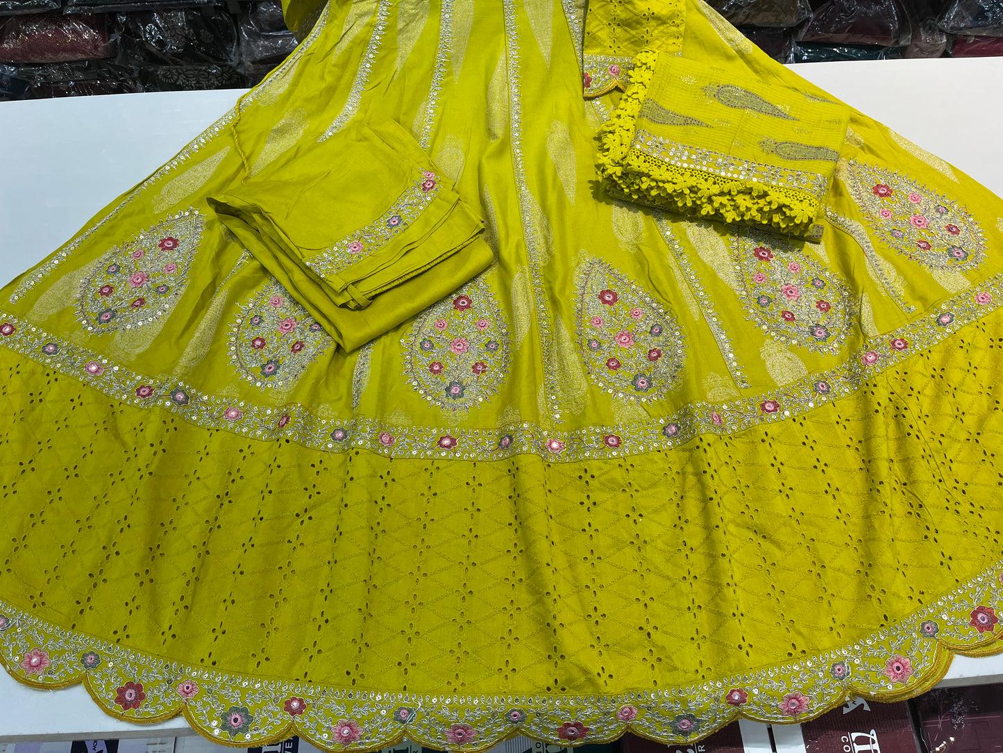 'Green Yellow' Premium cotton schiffli anarkali suit set with beautiful DORI CODING threadwork embroidery on all over its ghera  (along with pants and cotton kota fourside embroidery duppatta with crotia laces)