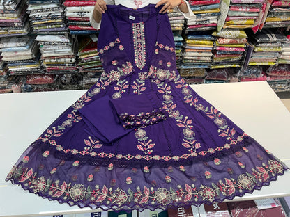 'dark purple' Premium mull cotton anarkali suit set with beautiful threadwork embroidery all over front (along with pants and mulmull cutwork dupatta)