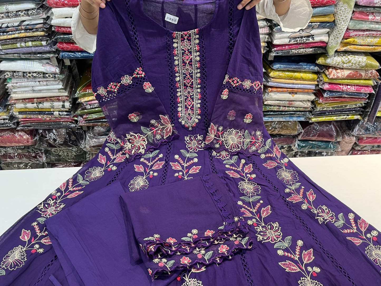'dark purple' Premium mull cotton anarkali suit set with beautiful threadwork embroidery all over front (along with pants and mulmull cutwork dupatta)