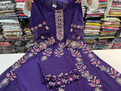 'dark purple' Premium mull cotton anarkali suit set with beautiful threadwork embroidery all over front (along with pants and mulmull cutwork dupatta)