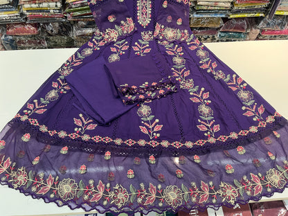 'dark purple' Premium mull cotton anarkali suit set with beautiful threadwork embroidery all over front (along with pants and mulmull cutwork dupatta)